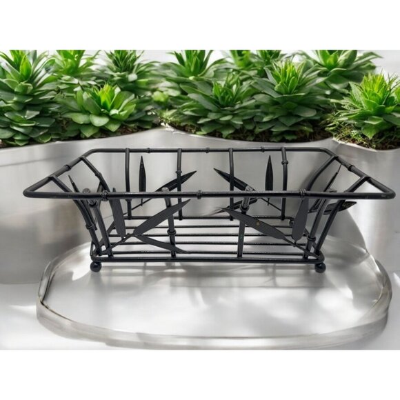 Black Metal Wire Rectangular Basket With Bamboo Design For Home Decor Or Storage - Picture 2 of 7